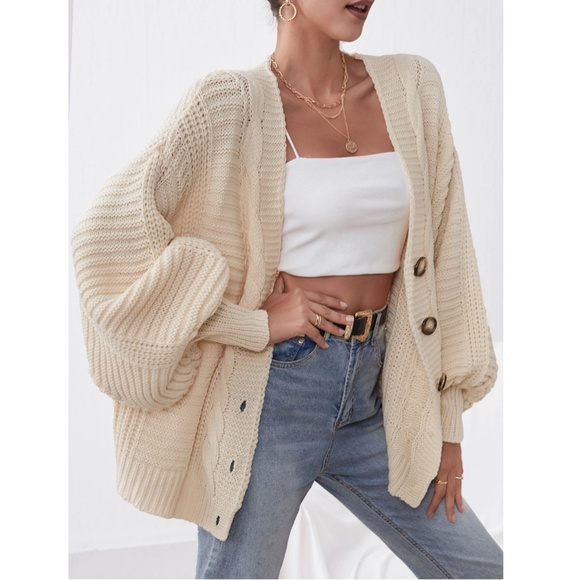 Beige Cable Knit Oversized Cardigan Bishop Sleeves Button Front - Picture 3 of 6